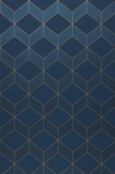 a blue and gold geometric wallpaper pattern with small squares on it's sides