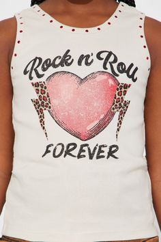 Sleeveless Screen Print Nailhead Details 100% Cotton Model Wears A Size M XS: (4/5), S: (6/6X), M: (7/8), L: (10/12), XL: (14/16) Imported | Mini Rock n' Roll Forever Tank Tee Shirt in Ivory size XL by Fashion Nova Sleeveless Top With Heart Graphic For Spring, Sleeveless Spring Top With Heart Graphic, Casual Summer Tank Top With Heart Graphic, Sleeveless Summer Top With Heart Graphic, Trendy Sleeveless Top With Heart Graphic, White Rock And Roll Tops For Summer, White Rock And Roll Top For Summer, White Rock And Roll Summer Tops, White Rock And Roll Summer Top