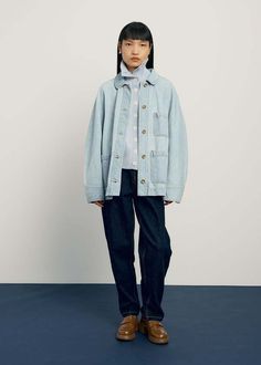 This classic work jacket style is offered in a structured non-stretch denim with a flattering oversized silhouette. find patch pockets situated at the waist and chest and contrast stitching throughout with a brass button closure to match.    normal fit.    100% cotton.    model is 5ft 74" and wears size m. Oversized Denim Blue Outerwear With Patch Pockets, Oversized Denim Jacket For Work, Blue Utility Jacket With Patch Pockets And Relaxed Fit, Oversized Light Wash Outerwear With Patch Pockets, Oversized Medium Wash Denim Jacket For Work, Workwear Utility Jacket With Patch Pockets In Medium Wash, Medium Wash Utility Jacket With Patch Pockets For Work, Blue Relaxed Fit Utility Jacket With Patch Pockets, Medium Wash Long Sleeve Utility Jacket For Work