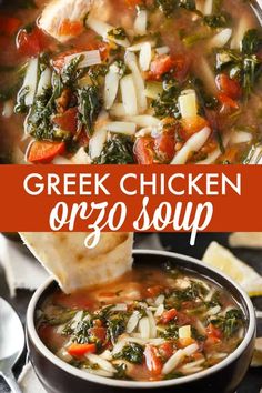 greek chicken orzo soup with spinach, carrots and parmesan bread