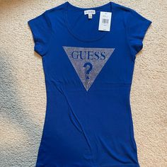 New With Tags!! Guess Rhinestone T-Shirt! Size: Xs Royal Blue Color With Silver Rhinestones Brand New, Never Been Worn! Fitted Blue Tops With Rhinestones, Glam Casual, Guess Shirt, Mock Neck Crop Top, Cap Sleeve Tee, Retro Stripes, Color Block Top, Royal Blue Color, Striped Crop Top