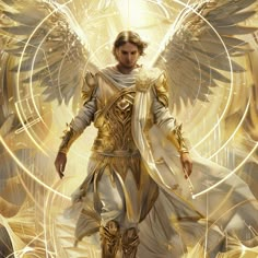 an angel standing in front of a golden background