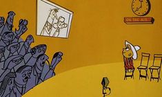 an image of a cartoon scene with people in the room and one man on the phone