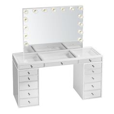 a white vanity with drawers and lights on the top, in front of a mirror