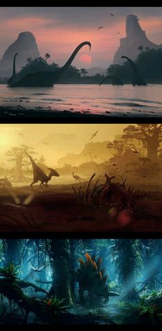 three different images of dinosaurs in the wild, with trees and water at sunset or dawn