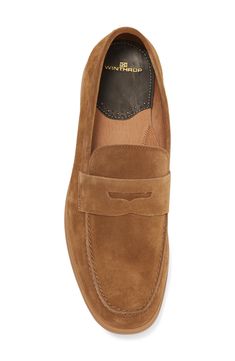 Soft suede brings a luxe finish to this refined pair of loafers for polished looks. Moc toe Slip-on style
 Suede upper/rubber sole Imported Masculine Suede Moc Toe Loafers, Masculine Suede Loafers For Business, Masculine Suede Slip-on Loafers, Masculine Suede Loafers With Plain Toe, Semi-formal Suede Dress Shoes With Moc Toe, Classic Suede Slip-on Dress Shoes, Formal Suede Loafers With Leather Footbed, Classic Slip-on Suede Dress Shoes, Semi-formal Slip-on Dress Shoes With Suede Lining