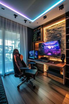 a gaming room with a large screen tv on the wall and an office chair in front of it