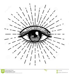 an all seeing eye with rays coming out from behind it, on a white background