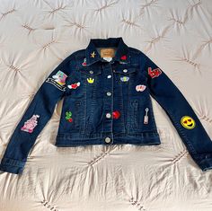 Hand painted personalized denim trucker jean jackets with cute patches sizes S-XL for kids. Fun Cotton Denim Jacket For Fall, Playful Cotton Denim Jacket For Fall, Playful Denim Jacket With Pockets For Fall, Trendy Winter Denim Jacket With Patches, Playful Denim Jacket For Fall, Cute Denim Jacket With Patches For Spring, Cute Denim Jacket With Patches For Fall, Cute Patched Denim Jacket For Fall, Playful Denim Outerwear For Winter