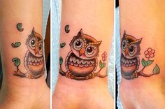 three different pictures of an owl with flowers on their wrist and the other one showing its eyes