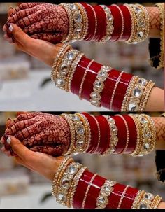 two pictures of hands with different bracelets and rings on each hand, one is wearing red