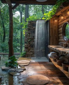 a bathroom with a waterfall in the shower and wooden flooring, surrounded by greenery