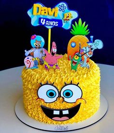 a spongebob themed birthday cake on a table