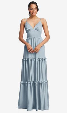 Satin V-neck Maxi Dress With Ruffles, Satin Maxi Dress With V-neck And Ruffles, Satin Maxi Dress With Ruffles And V-neck, Fitted Tiered Maxi Dress With Ruched Bodice, Formal Maxi Dress, Dessy Collection, Full Skirts, Stretch Satin, Tier Skirt