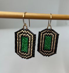 "These Art Deco style earrings will add glamour to any outfit.  They are so lightweight that they swing with every move. The 14K gold-filled hooks complete the look of luxury and sophistication. Length: nearly 1.5\"  Width:   about 1\"" Black Beaded Earrings, Art Deco Emerald, Earrings Elegant, Valentines Gifts For Her, Lovely Earrings, Art Deco Inspired, Style Earrings, Gorgeous Earrings, Elegant Gift