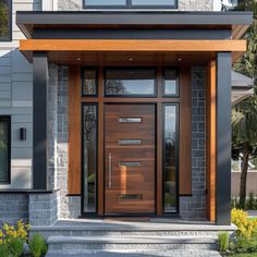 Modern front door creates a good impression Modern House Porch Entrance, Contemporary Front Door Entrance Wood, Modern Portico Entrance, House Doors Front Entrance Modern, Modern Front Doors With Glass Panels, Modern Front Door Entrance, Contemporary Front Porch, House Entrance Doors, Exterior House Doors