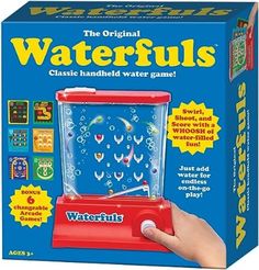 the original waterfuls classic handheld water game is in its box and ready to play