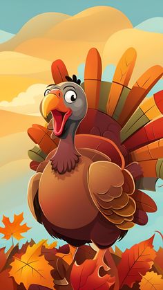 a cartoon turkey standing on top of leaves