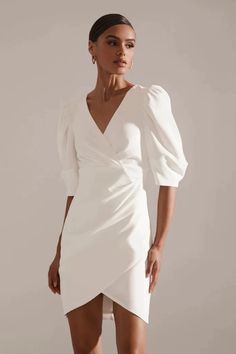 Krisa Crepe puff sleeve white dress with a V neck. Slip On Dress, Breezy Dress, Puff Sleeve Dress, Mother Denim, Flattering Dresses, Neutral Fashion, Stretch Crepe, Puffed Sleeves Dress, 50's Dress