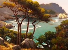 an oil painting of trees and rocks near the ocean