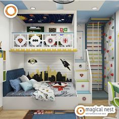 a child's bedroom with bunk beds and colorful wallpapers on the walls