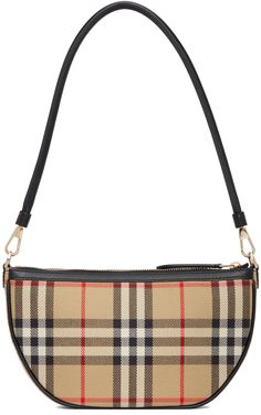 Cotton canvas shoulder bag featuring signature check pattern in beige, black, white, and red. Detachable buffed calfskin shoulder strap in black with lobster clasp fastening. Zip closure. Embossed logo and patch pockets at interior. Twill lining in black. Gold-tone hardware. Approx. 8 length x 4.5 height x 1.75 width. Supplier color: Archive beige Burberry Coin Purse, Burberry Black Purse, Burberry Clothing, Burberry Purse, Burberry Outfit, Barrel Bag, Canvas Shoulder Bag, Logo Stamp, Embossed Logo