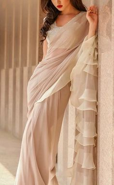 Chiffon. Saree Bollywood, Modern Saree, Ruffle Saree, Ghagra Choli, Saree Trends, Elegant Saree, Stylish Sarees, Blouse Design Models