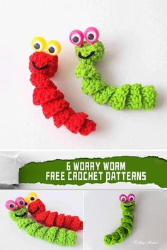 the crocheted worm is made with yarn