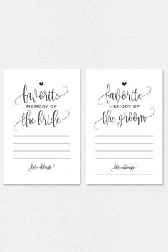 two wedding advice cards with the words favorite memory of the bride and groom on them