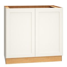 a white cabinet with two doors on the front and one door open to reveal an empty drawer