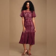 Ellington Burgundy Embroidered Lace Midi Dress Women’s Small Brand New With Tags Fit: Slightly Small Bust: Great For Any Cup Size. Waist: Fitted - Very Fitted At Natural Waist. Hip: Fitted - Consider Sizing Up For Fuller Hips. Undergarments: May Be Worn With A Strapless Bra, Adhesive Bra, Petals, Or No Bra. Fabric: Fabric Has No Stretch. Length: Knee Length. Self: 60% Polyester, 40% Cotton. Contrast: 95% Polyester, 5% Spandex. Lining: 100% Polyester. Hand Wash Cold. Imported. Lined To Mid-Thigh. Fitted Formal Embroidered Midi Dress, Short Sleeve Lace Embroidered Party Dress, Fitted Embroidered Lace Midi Dress, Fitted Lace Midi Dress With Embroidery, Elegant Embroidered Dresses For Date Night, Knee-length Embroidered Lace Midi Dress, Formal Fitted Lace Embroidered Dress, Fitted Lace Burgundy Dress, Fitted Embroidered Dress With Lace Trim And Short Sleeves