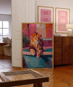 a painting of a lion sitting in a bath tub next to a wooden table and dresser