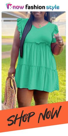 knowfashionstyle Green Casual Solid Patchwork Fold Stringy Selvedge V Neck A Line Plus Size Dresses Casual Turquoise V-neck Mini Dress, Casual Turquoise V-neck Dress, Wholesale Fashion, Dresses Online, Plus Size Dresses, Shop Now, V Neck, Plus Size, Summer Dresses