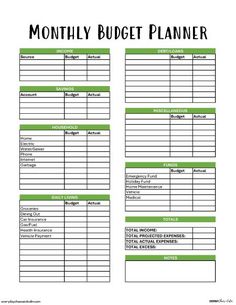 the printable budget planner is shown in green