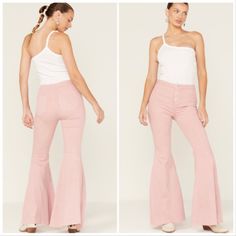 New With Tag Pink Flare Denim Jeans, Pink Flare Denim Bottoms, Casual Pink Flare Jeans For Summer, Chic Pink Flare Jeans For Summer, Pink Mid-rise Cotton Flare Jeans, Casual Pink Flare Jeans For Spring, Pink High Waist Flare Jeans For Summer, Pink Denim Flare Jeans For Summer, High Waist Pink Flare Jeans For Summer