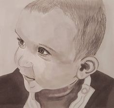 a pencil drawing of a baby wearing a suit and tie looking to the side with his mouth open