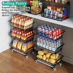 two metal shelves filled with food and drinks