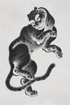 a black and white drawing of a tiger on the ground with it's tail spread out