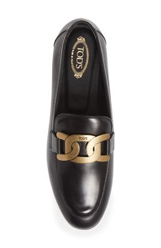 A logoed golden chain polishes the look of a leather loafer expertly handmade in Italy with an apron toe. Style Name:Tod'S Kate Chain Detail Loafer (Women). Style Number: 6212651. Luxury Chic Tassel Loafers With Round Toe, Luxury Textured Leather Loafers With Round Toe, Luxury Patent Leather Loafers With Leather Footbed, Gold Calf Leather Loafers With Leather Sole, Gold Loafers With Leather Sole And Calf Leather, Luxury Gold Calf Leather Loafers, Luxury Gold Loafers In Calf Leather, Gold Luxury Loafers For Office, Luxury Gold Loafers For Office