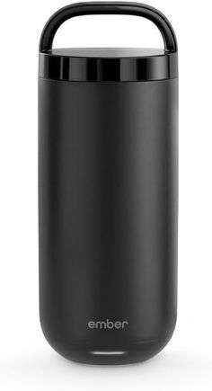 thermos stainless steel tumbler with handle is shown on a white background and has an empty lid