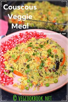 a close up of a plate of food with veggies on it and the words couscous veggie meal