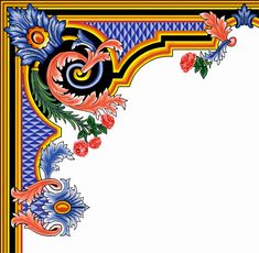 an ornate frame with flowers and leaves on the border is shown in blue, yellow and red