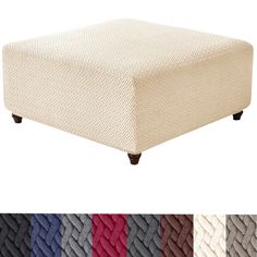 an upholstered footstool with multiple colors