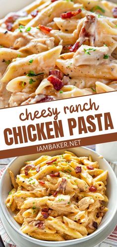 cheesy ranch chicken pasta in a white bowl on a red and white checkered tablecloth