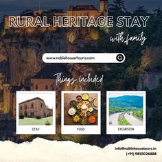 an advertisement for rural heritage stay with pictures of buildings and trees on the side of a mountain