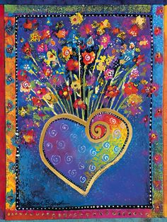 a colorful painting with flowers in the shape of a heart on a blue and orange background