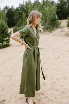 Women's Wrap Wide-leg Linen Jumpsuit With Culottes - Etsy Dubai Outfit, Linen Outfits, Jumpsuit With Belt, Linen Overalls, Jumpsuit With Pockets, Womens Jumpsuits, Linen Romper, Linen Jumpsuit, Outfits Winter