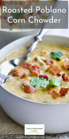 a white bowl filled with corn chowder and topped with bacon