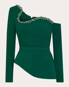 Safiyaa Aime Asymmetric Peplum Top | OLIVELA Green Asymmetrical Top For Party, Elegant Green Embellished Tops, Old Money Tops, Elegant Tops Classy, Trendy Blouse Designs, Classy Dress Outfits, Shirts Design, Peplum Hem, Fashion Design Clothes