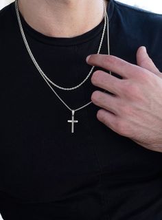 Medium Silver Cross: 24mm H x 14mm W Rope Chain: 2.5mm Round Box Chain: 1.5mm Material: Stainless Steel Clasp: Lobster. Silver Cross Necklace Mens, Chain Necklace Outfit, Cross Necklace For Men, Men's Gifts, Man Jewelry, Mens Cross Necklace, Stainless Bracelet, Mens Silver Jewelry, Necklace Outfit